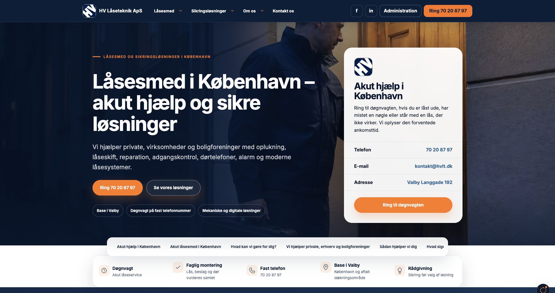 HV Låsetekniks hjemmeside med tydelig vej til akut hjælp